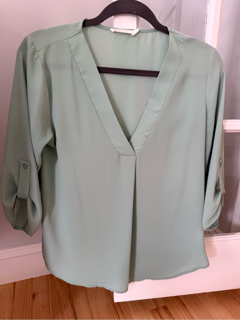 Lush Mint Green V-Neck Roll-Tab Blouse